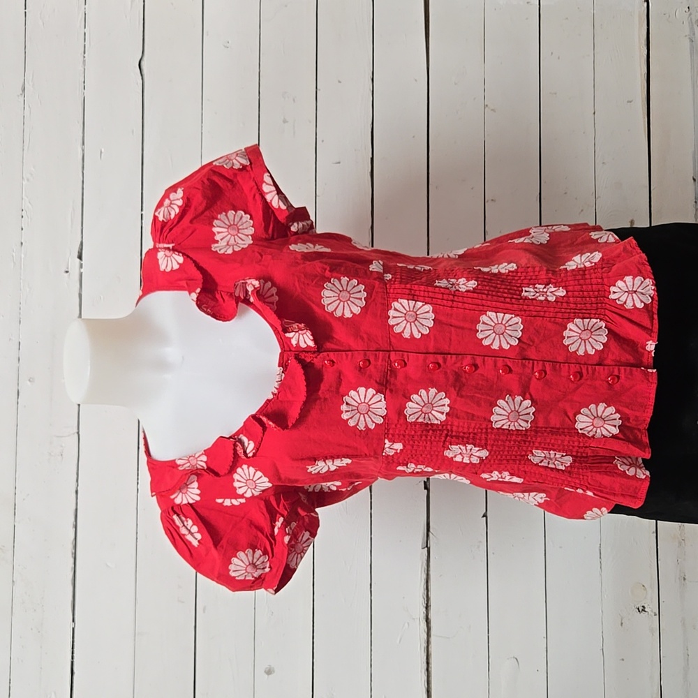 Anthropologie Floral Y2K Button Up Puff Sleeve Ruffle Blouse Shirt Daisy Twee